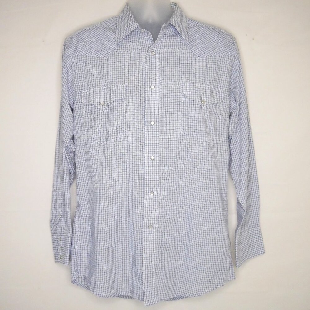 PANHANDLE SLIM Mens Med Western Blue Plaid Check L/S Shirt Pearl Snaps Cowboy